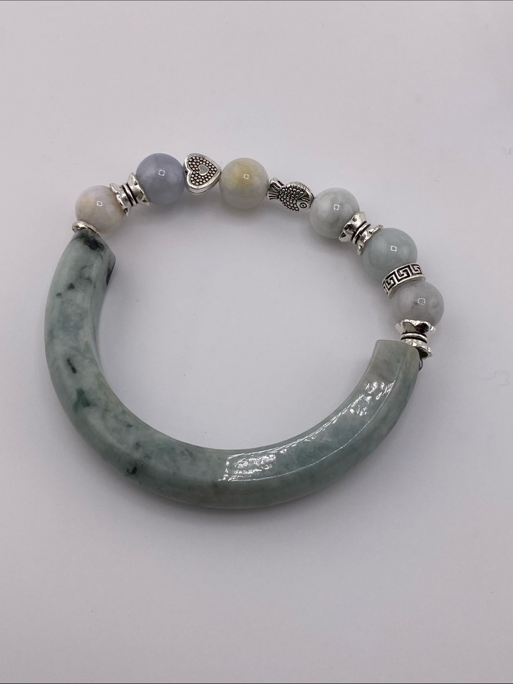 Authentic Natural Jadeite Half-Bangle Beaded Stretch Bracelet